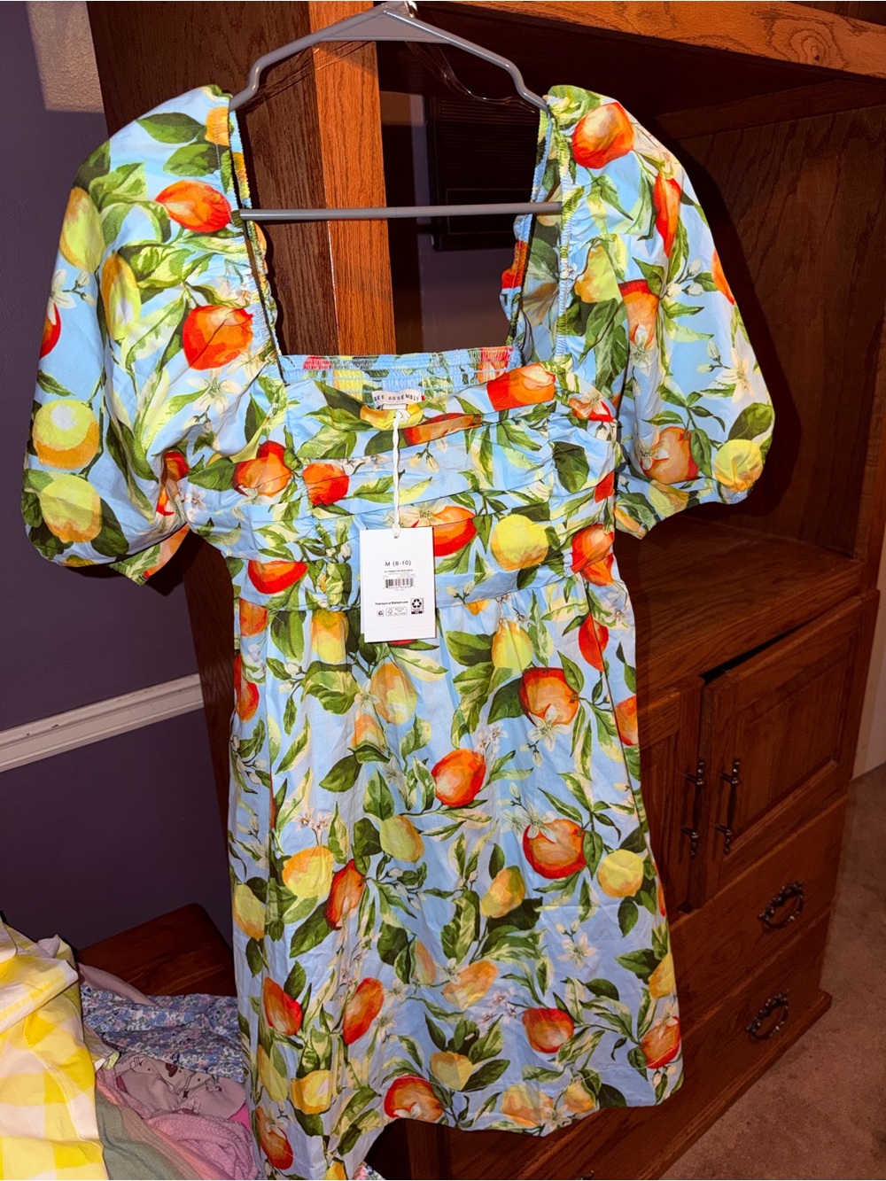 Free Assembly | Blue citrus Print Puff Sleeve Mini Dress, size M NWT